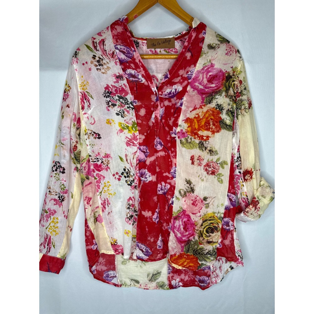 The Nu Vintage Floral Patchwork Cotton Gauze Blouse Red Pink XL USA Made